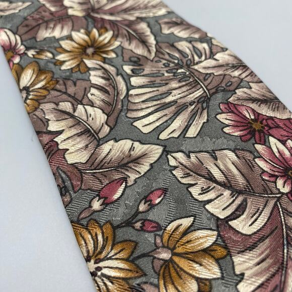 Oscar De La Renta Tie Muted Tropical Floral Pattern Necktie Grey Purple Jacquard - Picture 2 of 6